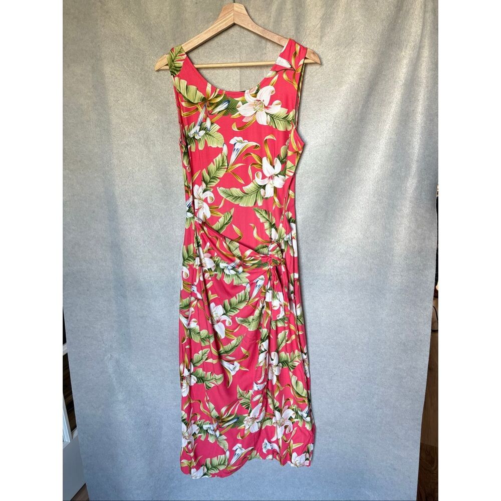 La Cabana Vintage Hawaiian Dress M Pink Faux Wrap Tropical Floral Midi Vacation